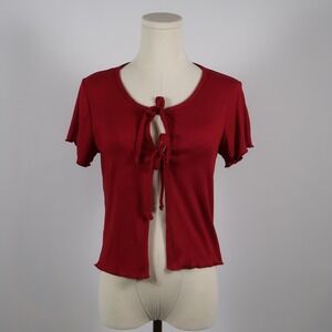 Forever 21 Red Ribbed Tie Front Short Sleeve Top Womens Size Small